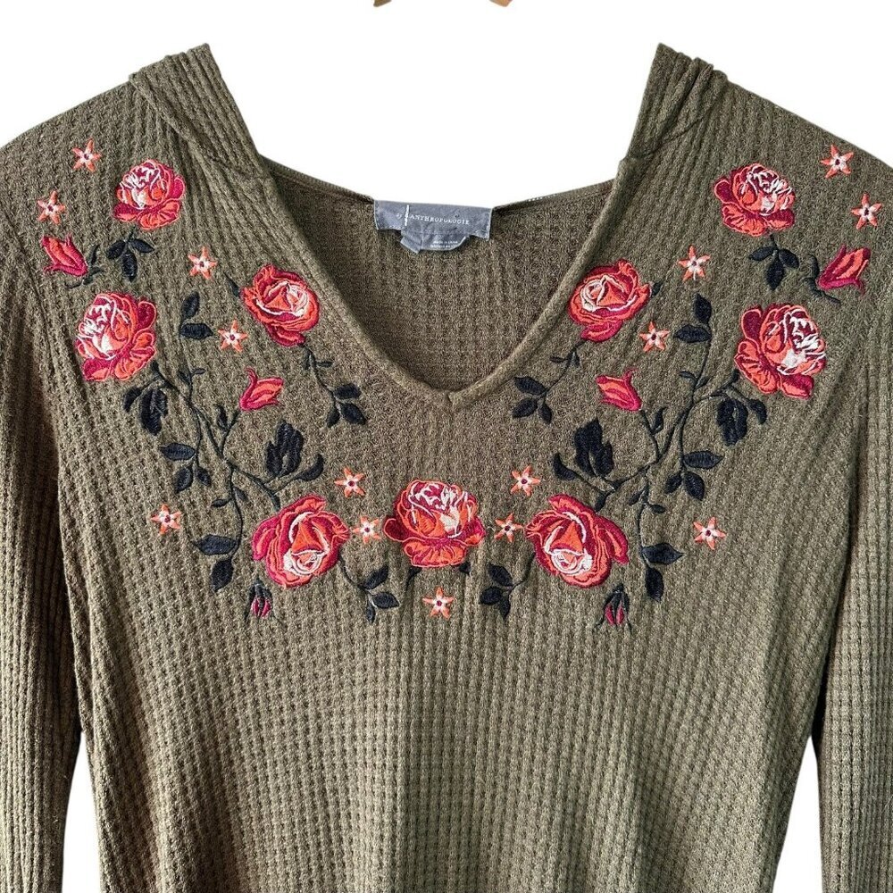 Anthropologie Olive Green Embroidered Floral Waffle Knit Hoodie Size Small - Picture 4 of 8